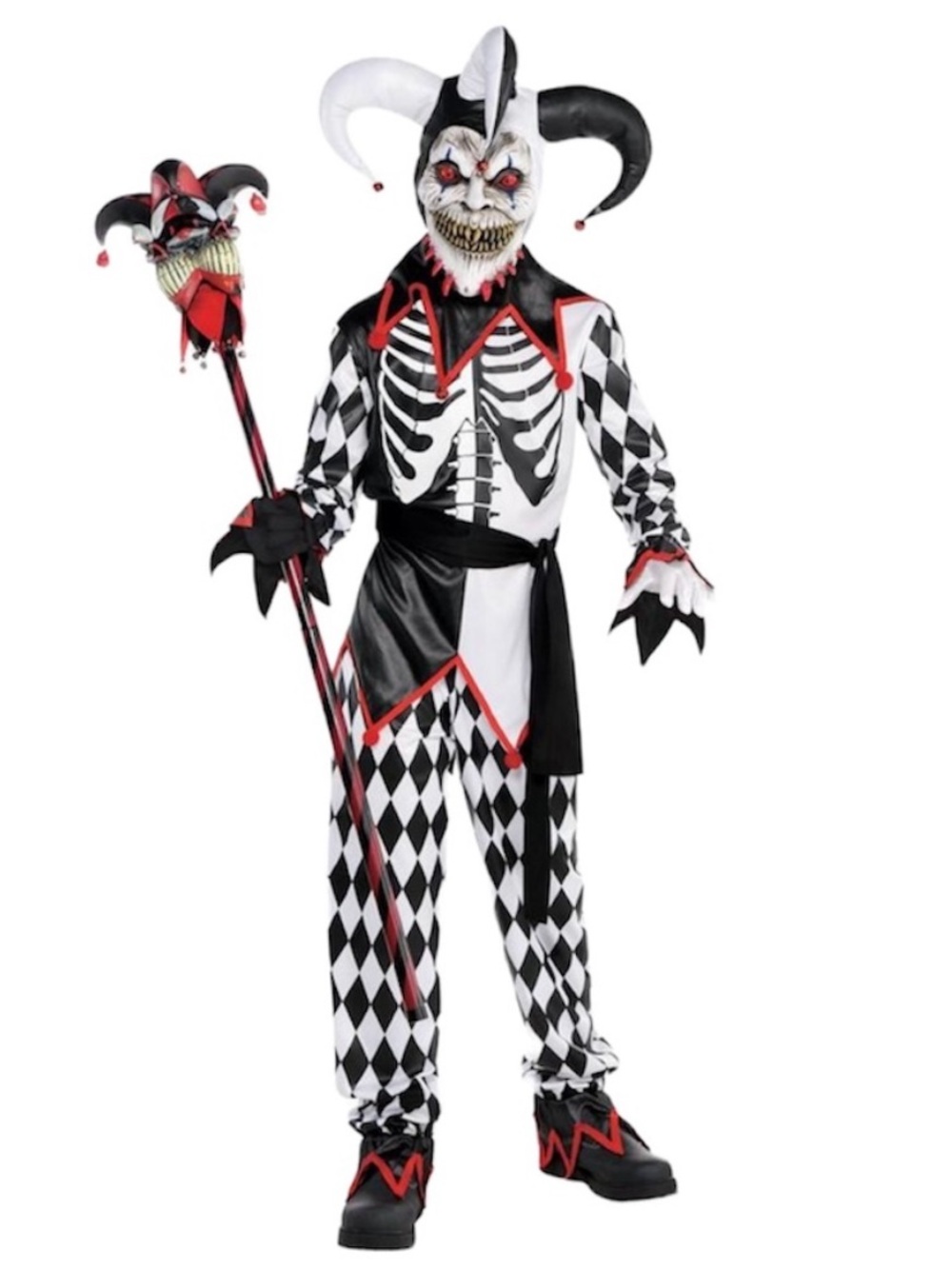 Sinister Jester kids Costume - Black, White & Red NEW M 8-10 Halloween scary